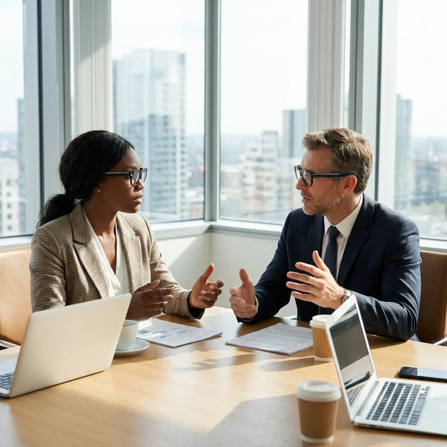 Business professionals wearing modern smart glasses having office discussion with laptops and city skyline background