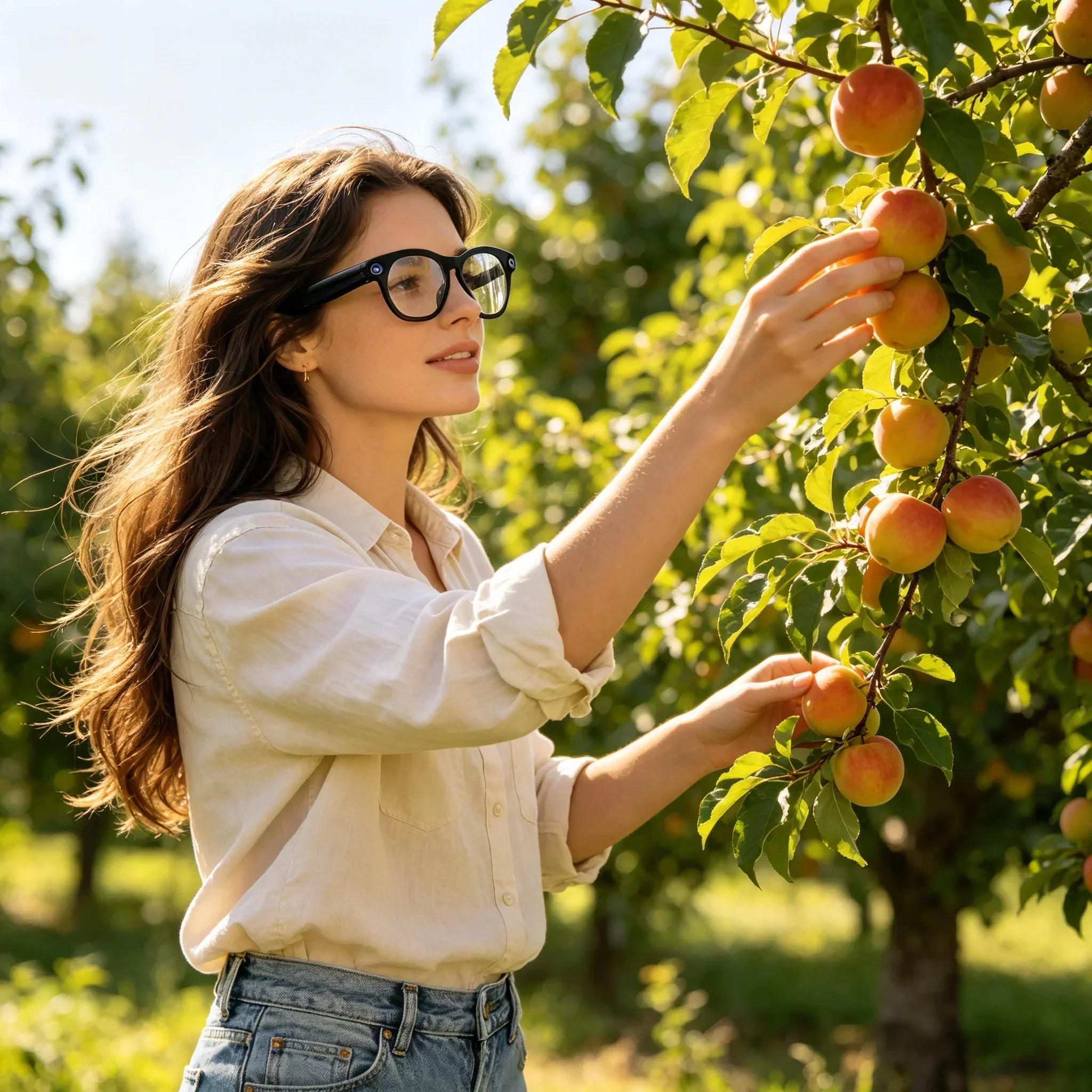 Woman wearing Osawalla GP10 smart glasses picking fresh fruit in sunny orchard outdoors