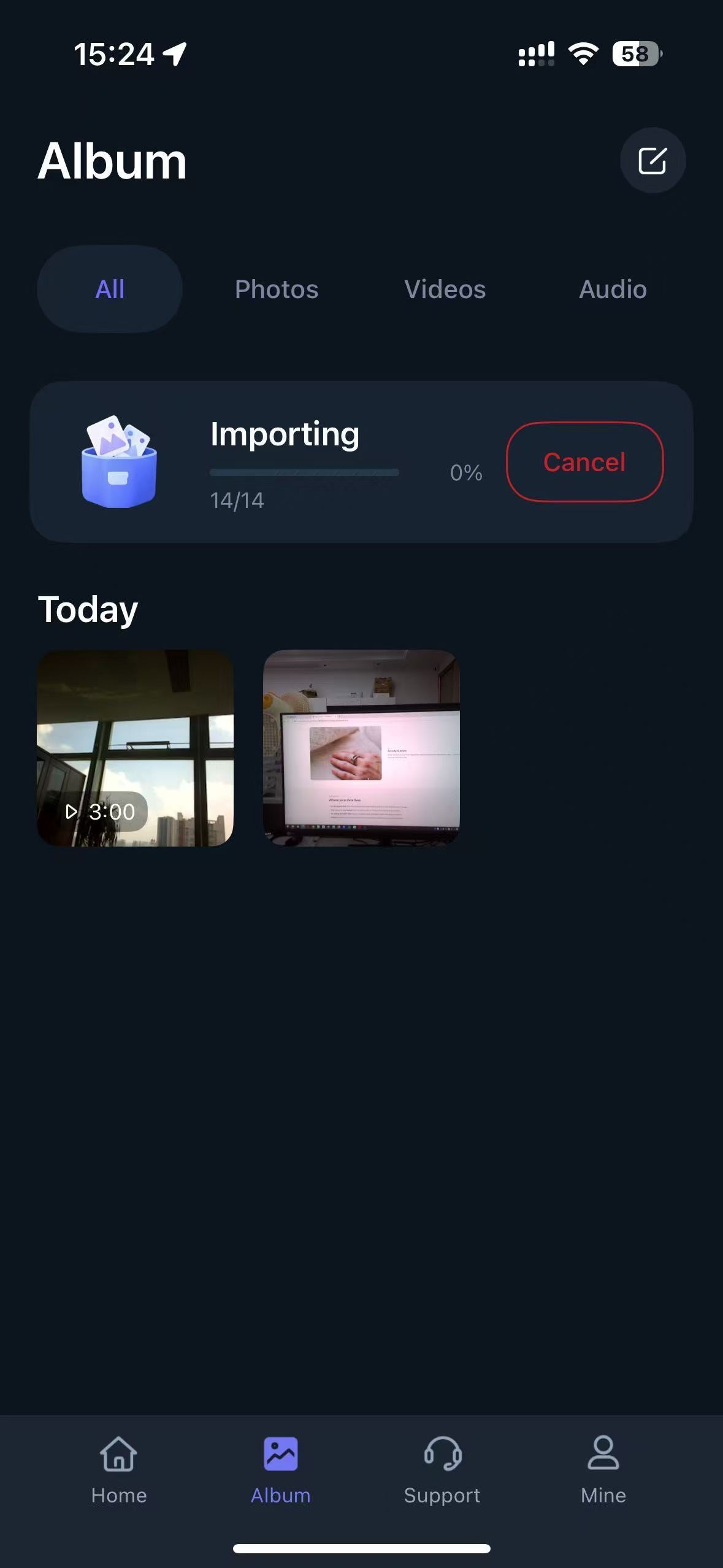 Album with photos, videos and audio imported from the glasses