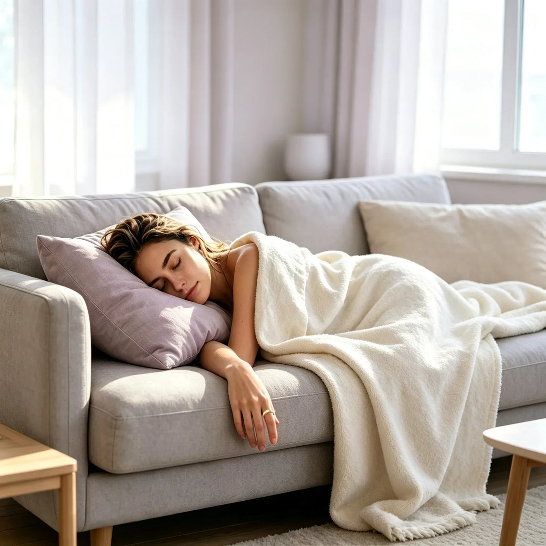 A woman sleeping peacefully on a beige couch, wrapped in a cream knitted blanket with her head resting on a white pillow in soft natural light.