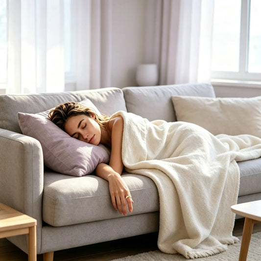 A woman sleeping peacefully on a beige couch, wrapped in a cream knitted blanket with her head resting on a white pillow in soft natural light.