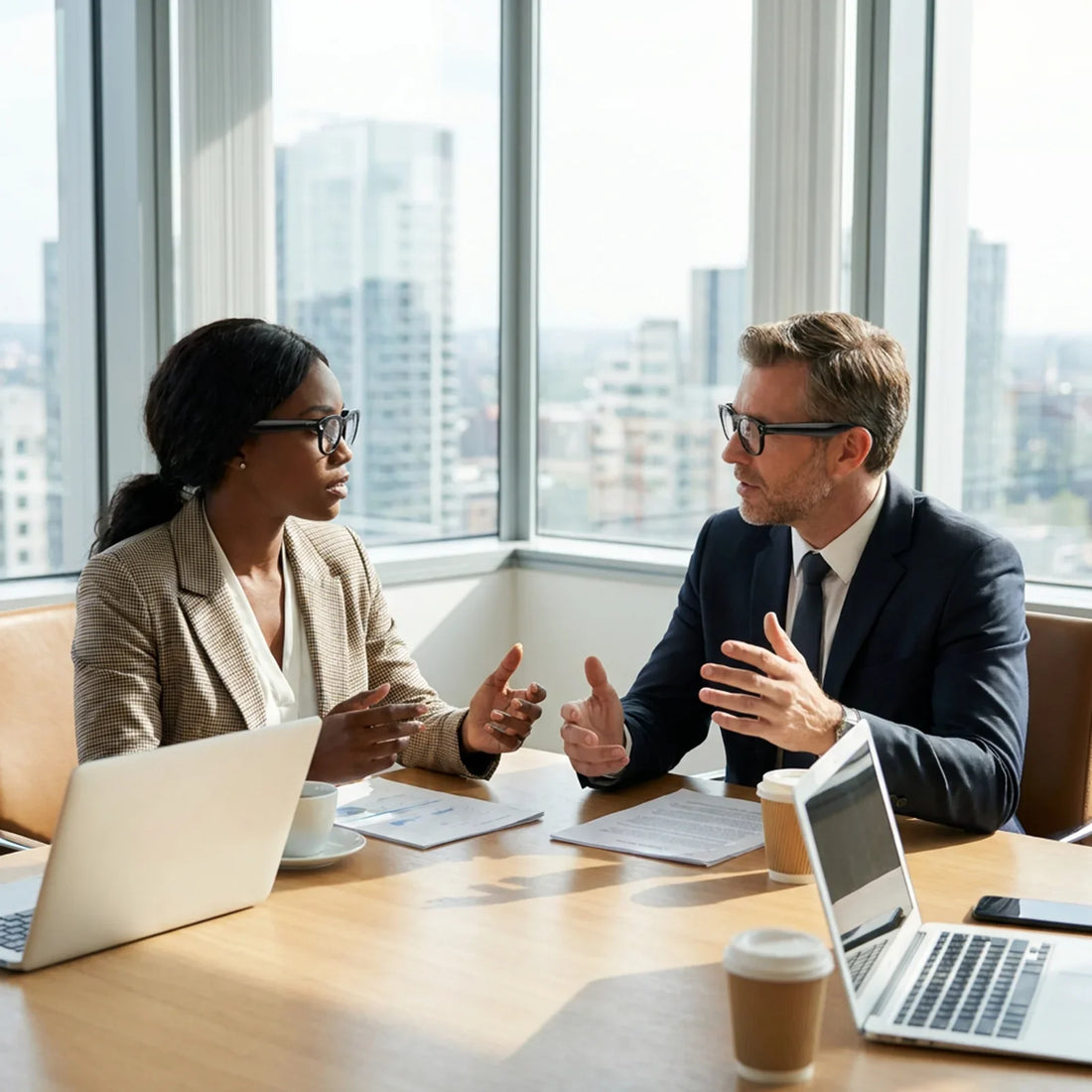 Business professionals wearing modern smart glasses having office discussion with laptops and city skyline background