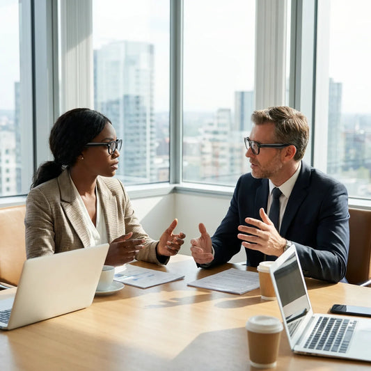 Business professionals wearing modern smart glasses having office discussion with laptops and city skyline background