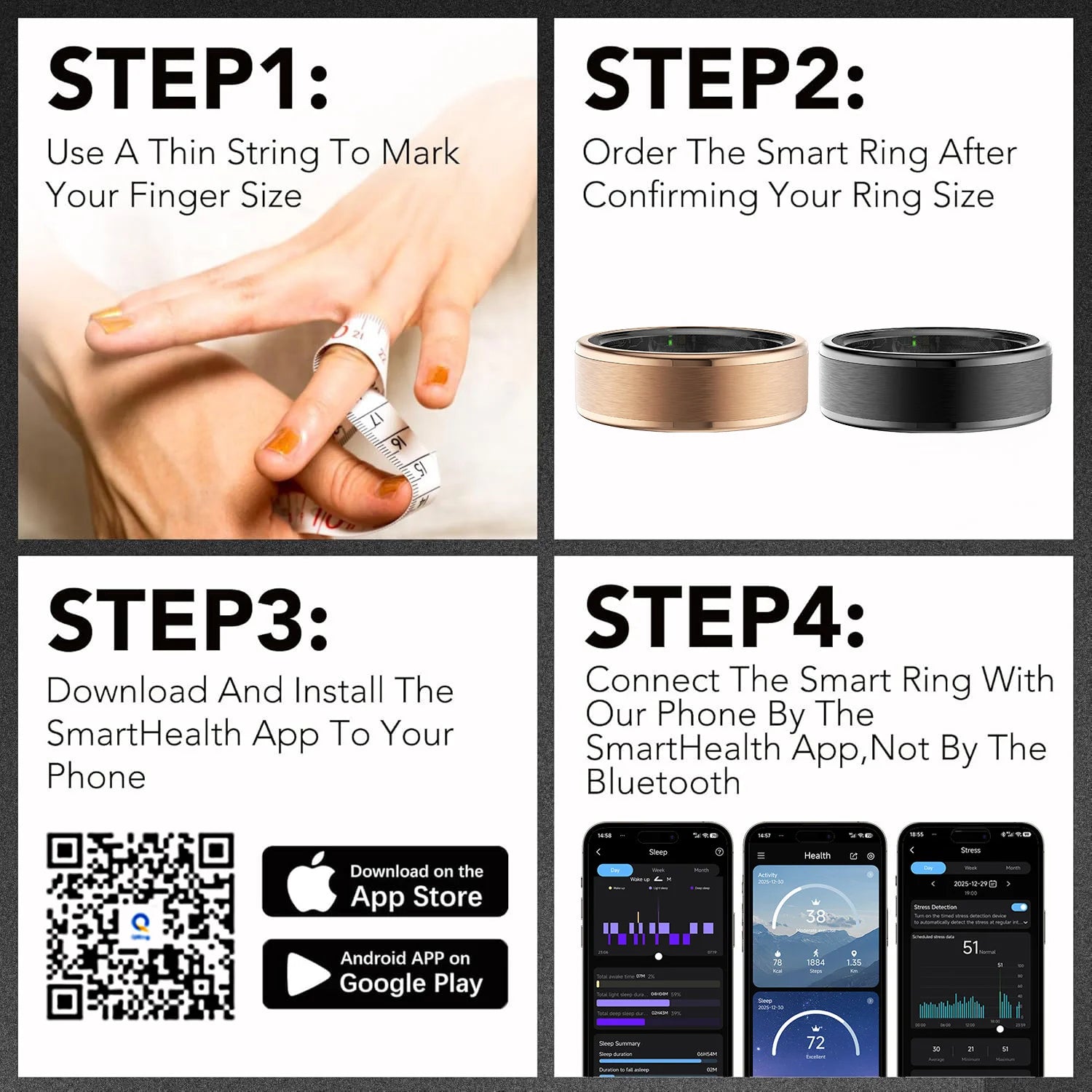 Osawalla RP01 smart ring setup guide measuring finger size, ordering, downloading SmartHealth app, and connecting