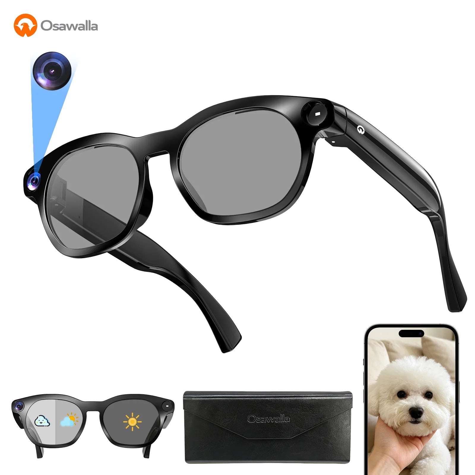 Osawalla GP10 smart glasses with built‑in camera, photochromic lens, accessories and mobile phone connection diagram product image