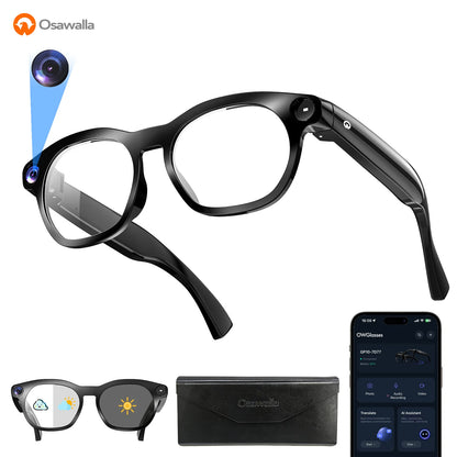 Osawalla GP10 smart glasses bundle showcase, camera highlight, photochromic lens, storage case and supporting mobile app display
