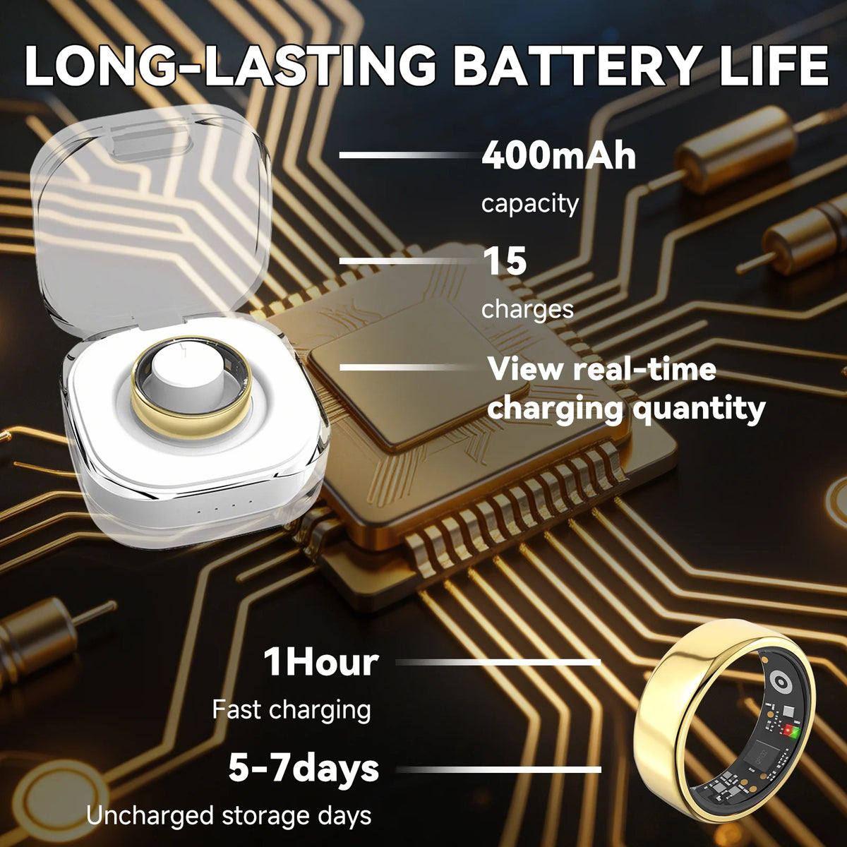Osawalla RP02 smart ring with charging case showing 400mAh battery and 5-7 day battery life