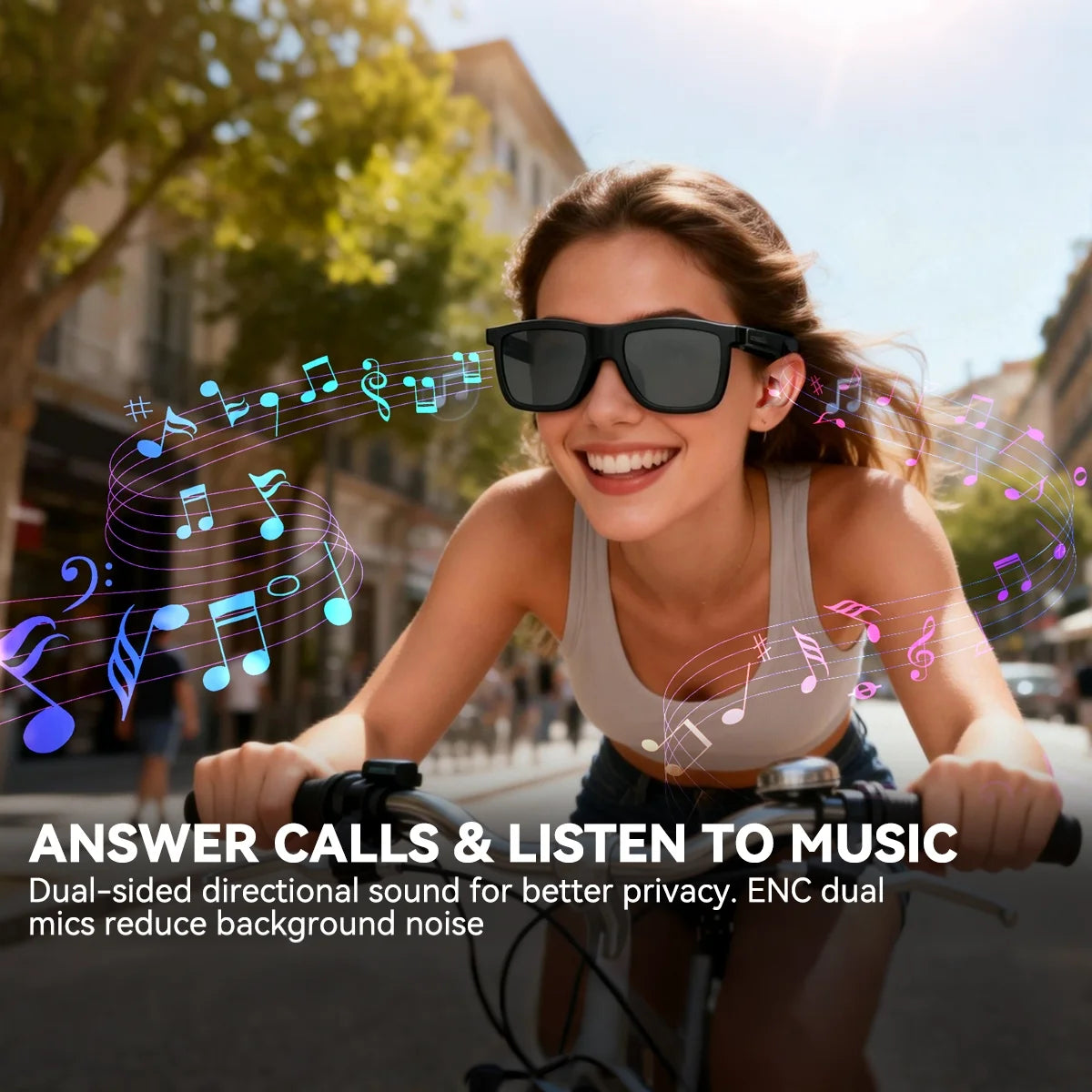 ENC noise cancelling smart Bluetooth glasses for music and calls while cycling