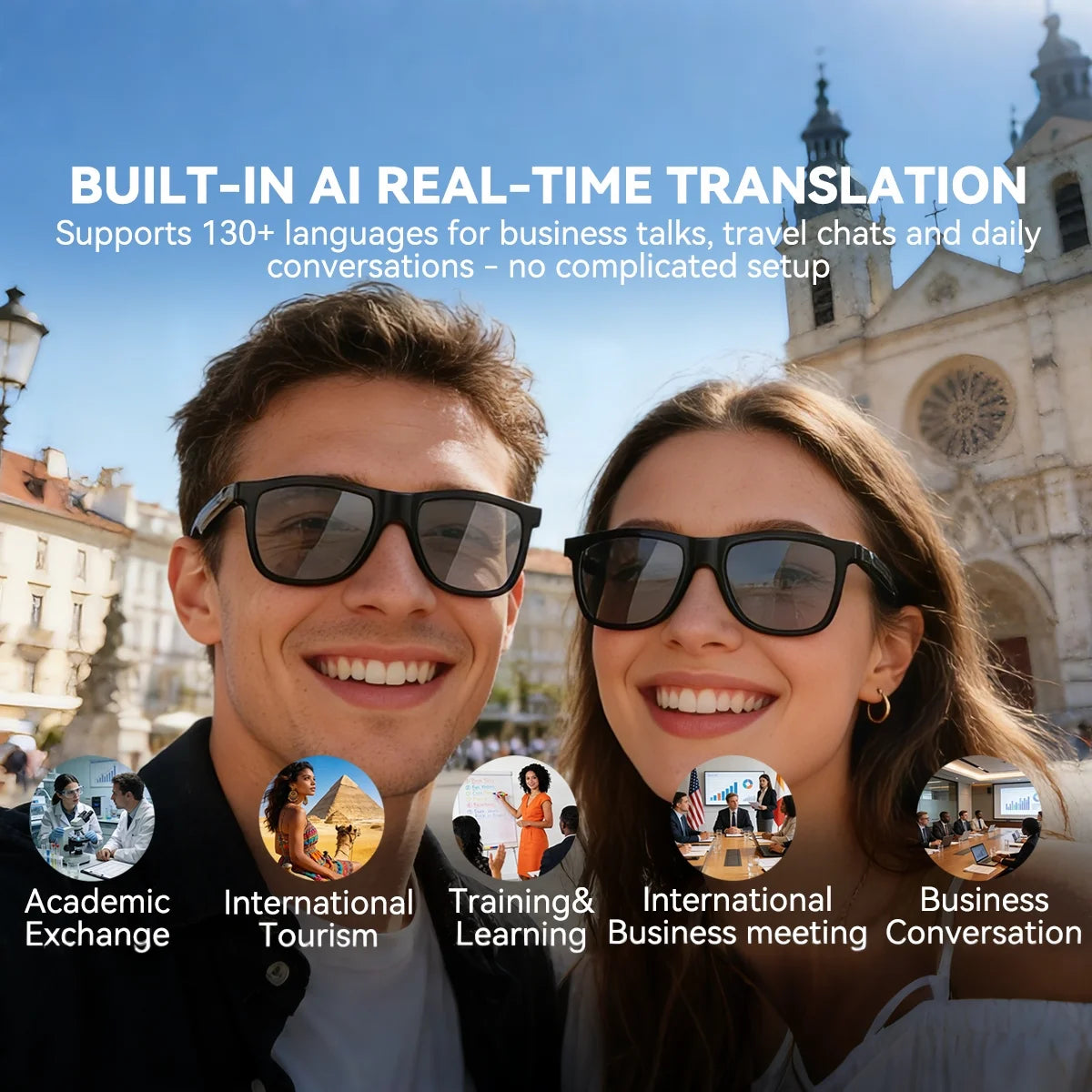 AI real-time translation smart Bluetooth glasses for travel international business conversation