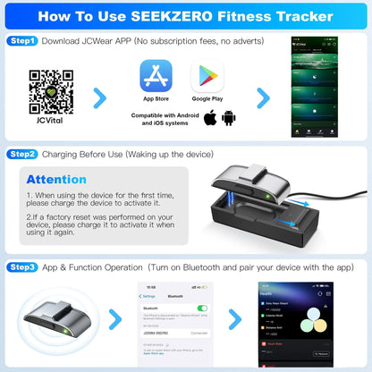 Instruction diagram for SEEKZERO fitness tracker app setup and device activation