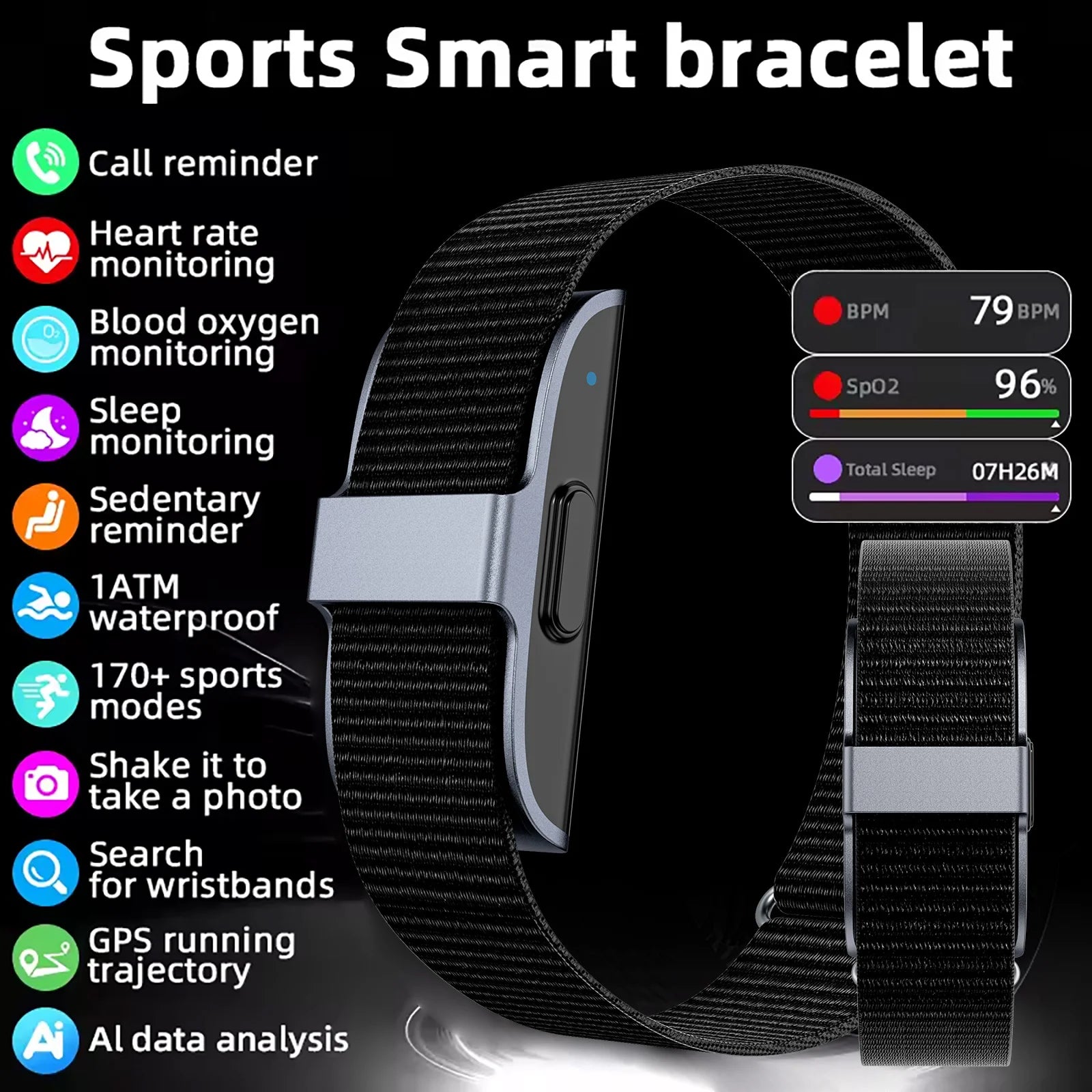 Sports smart bracelet with heart rate, blood oxygen and sleep monitoring, multi-sport modes
