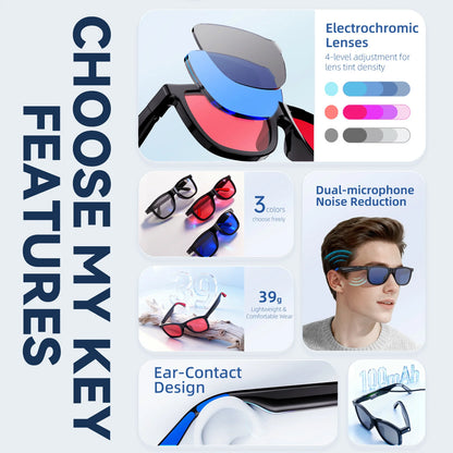 Lightweight electrochromic smart Bluetooth glasses with adjustable lenses & dual-mic noise cancellation