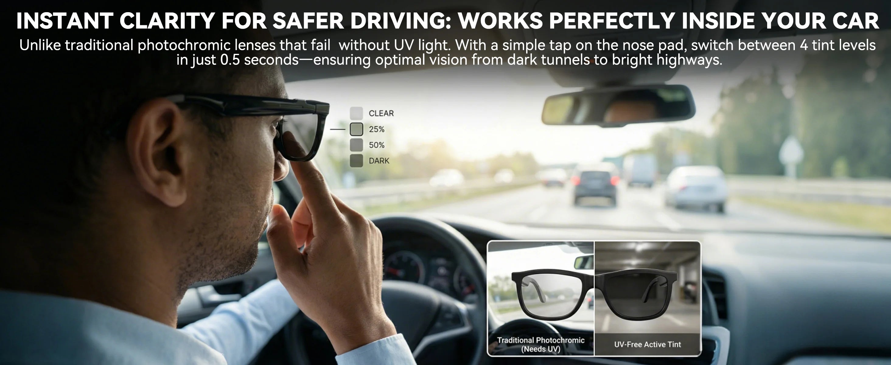 Osawalla smart glasses active tint control safer driving UV free