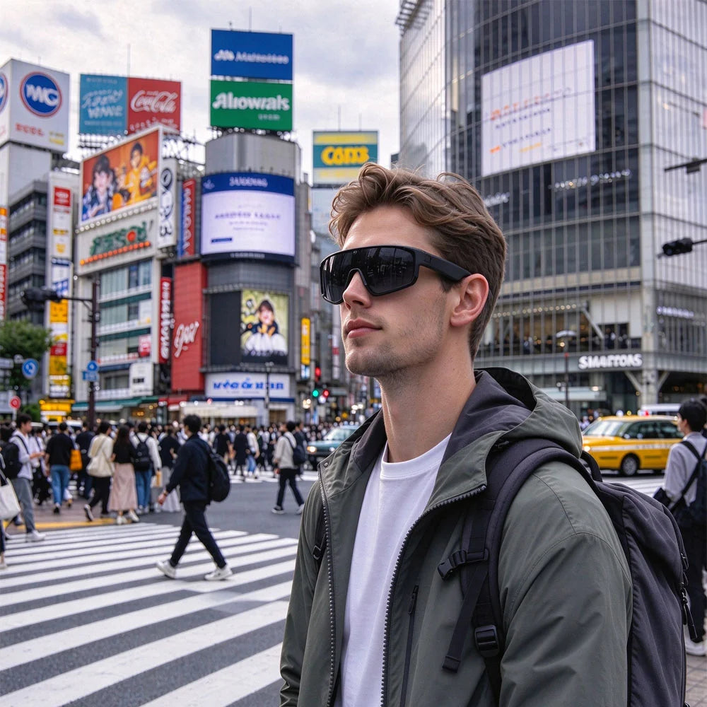 Sport camera glasses capturing a city trip