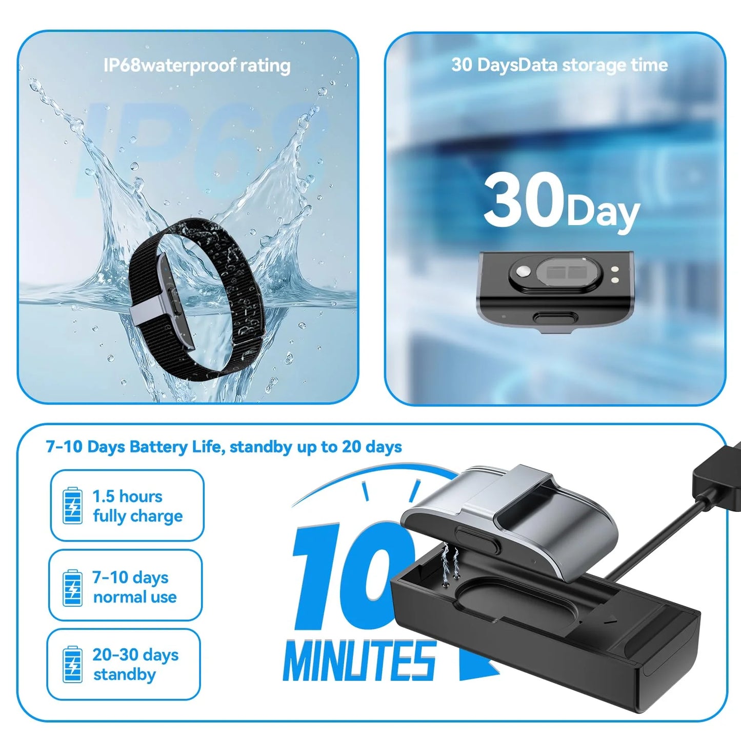 Fitness tracker band specifications, IP68 waterproof, charging case, battery and data storage features