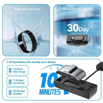 Fitness tracker band specifications, IP68 waterproof, charging case, battery and data storage features