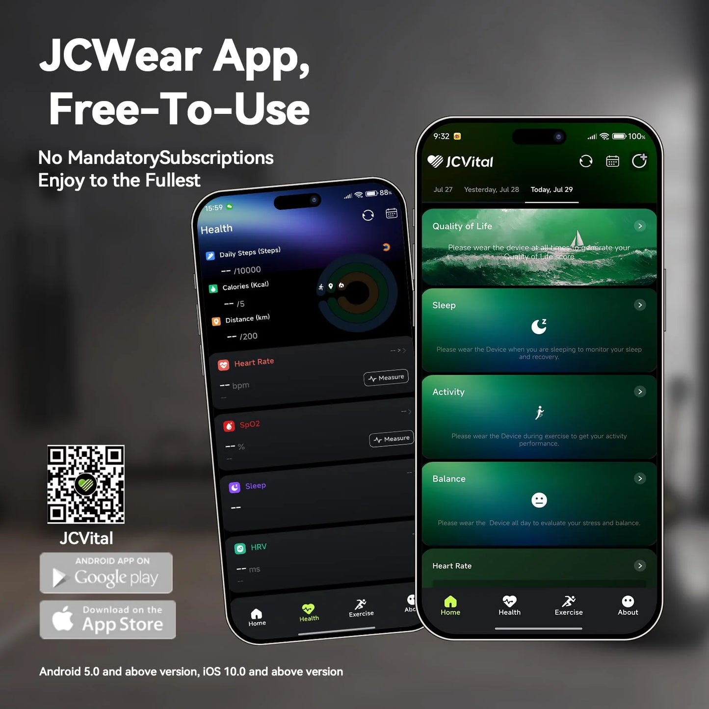 JCWear JCVital free fitness tracking app, no subscription, compatible with iOS and Android