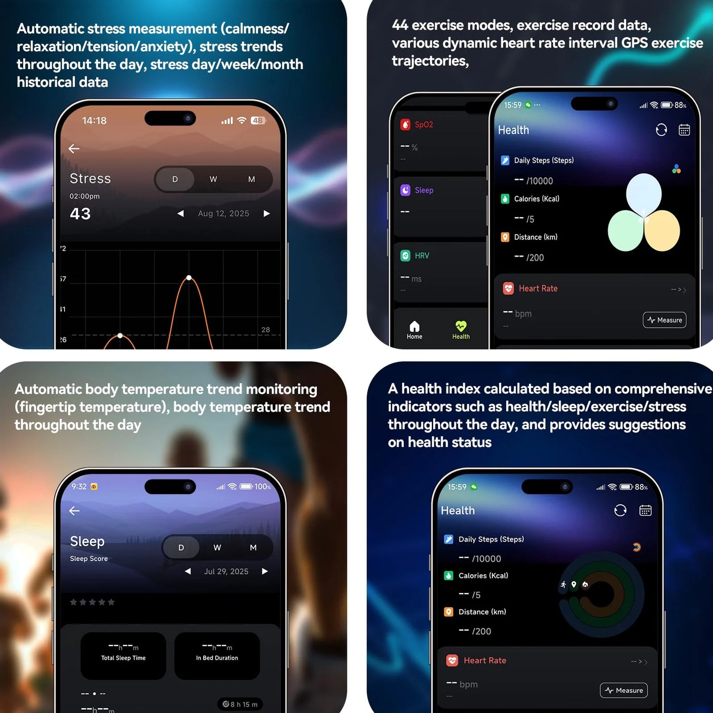 Fitness Osawalla BG02 bracelet smartphone app showing comprehensive health monitoring data