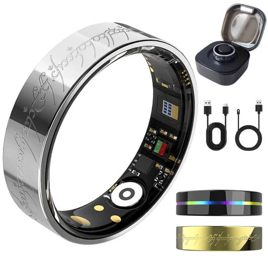 Silver Smart Health Ring - IP68 Waterproof Fitness Tracker (Heart Rate, SpO2, BP, Sleep, Steps) | iOS/Android No Subscription
