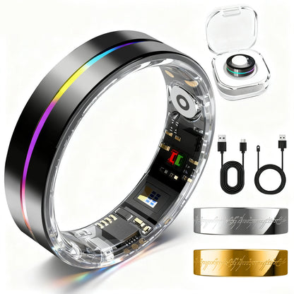 Black Rainbow Smart Health Ring - IP68 Waterproof Tracker (HR, SpO2, BP, Sleep, Steps) | iOS/Android No Subscription