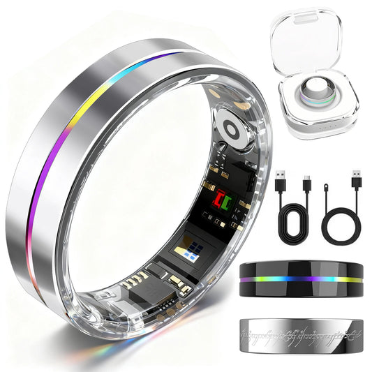 Silver Rainbow Smart Health Ring - IP68 Waterproof Tracker (HR, SpO2, BP, Sleep, Steps) | iOS/Android No Subscription