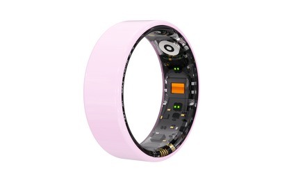 Cutaway view of pink Osawalla Ceramic Pro smart ring, showing internal sensors and electronic components