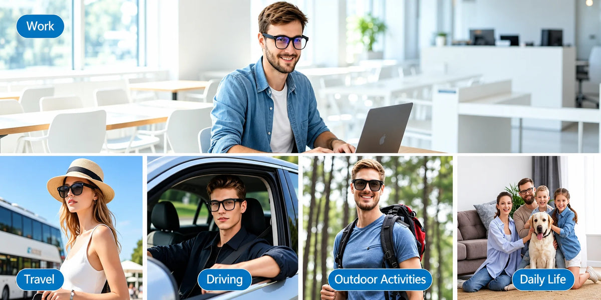 Collage showing Osawalla Daily Core Camera Glasses used in work, travel, driving, outdoor and daily life scenarios

