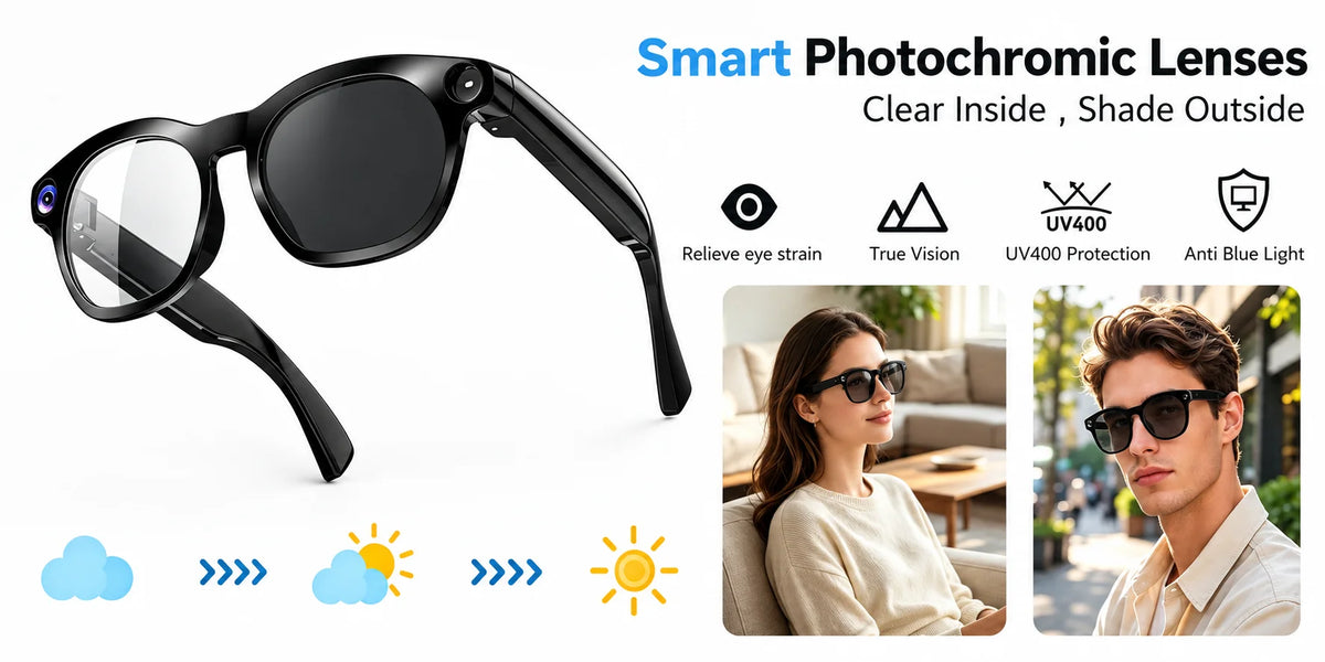 Osawalla Daily Core Camera Glasses with smart photochromic lenses, indoor clear & outdoor tinted, UV400 and anti blue light protection