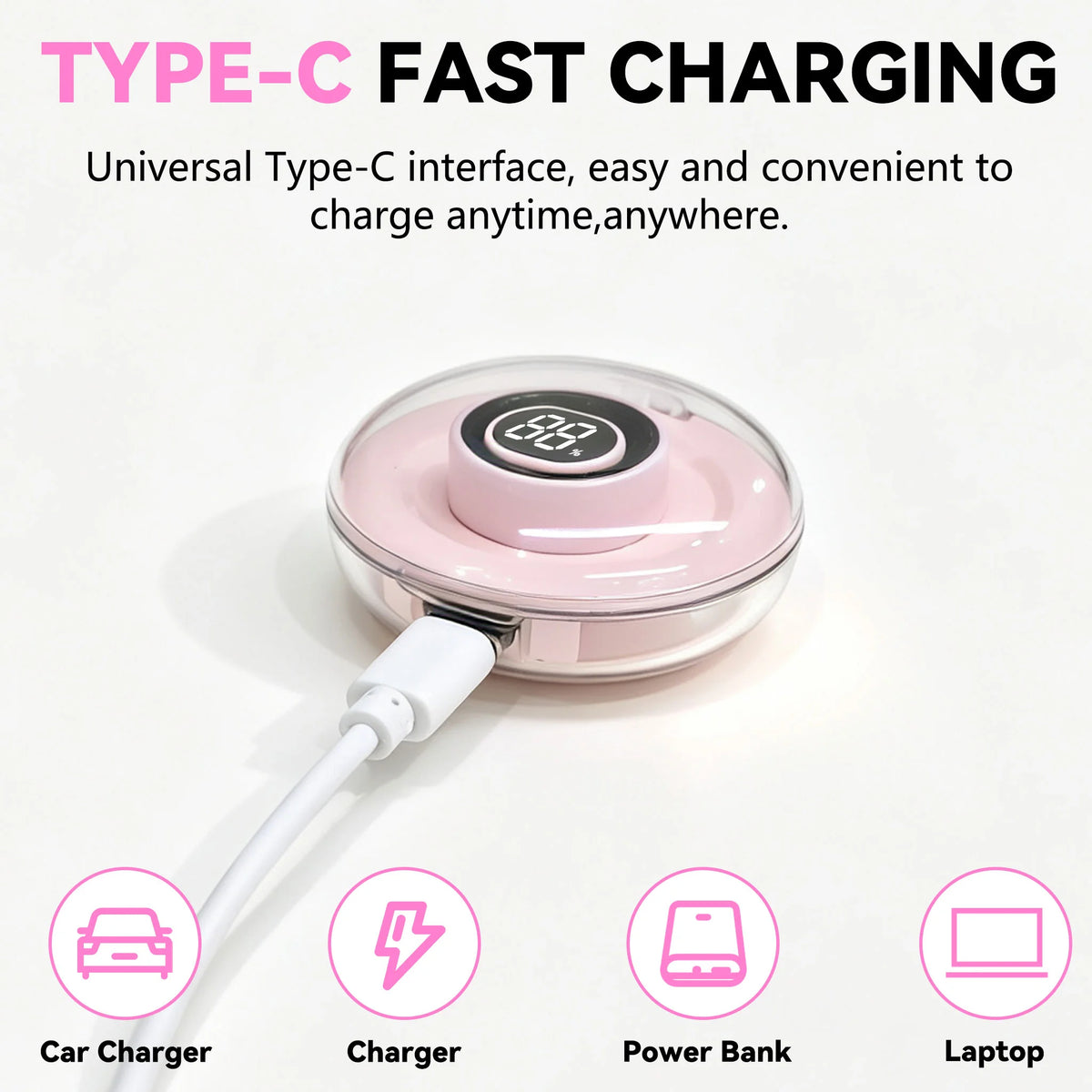 Pink Osawalla smart ring charger with Type‑C cable, compatible with car charger, power bank and laptop
