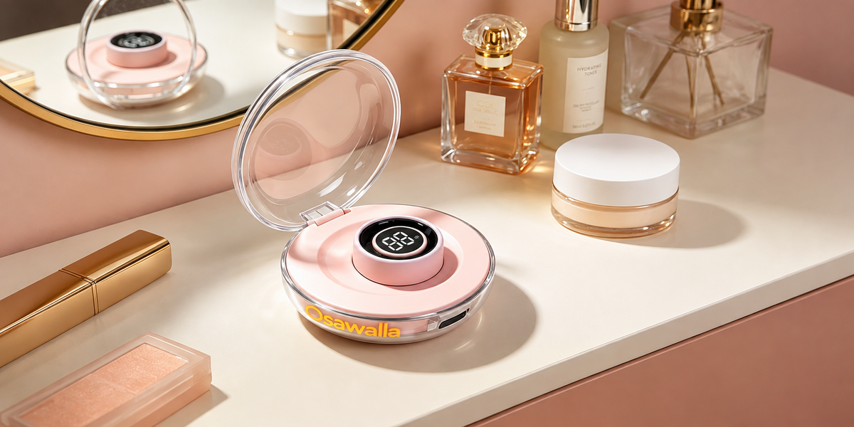 Osawalla smart ring pink charging case on vanity counter with skincare and perfume, beauty lifestyle product shot
