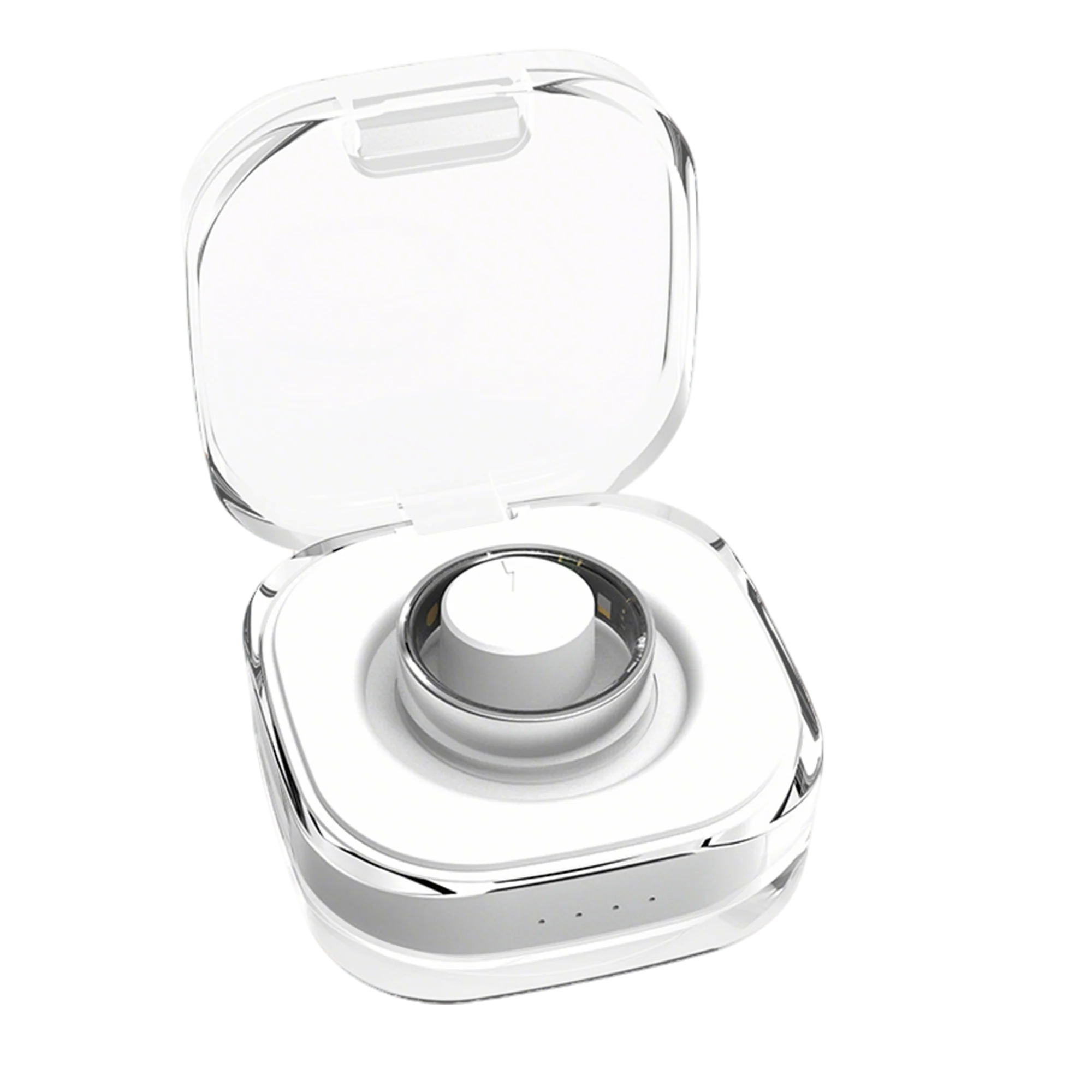 Osawalla silver smart ring placed in acrylic charging case, transparent background product render