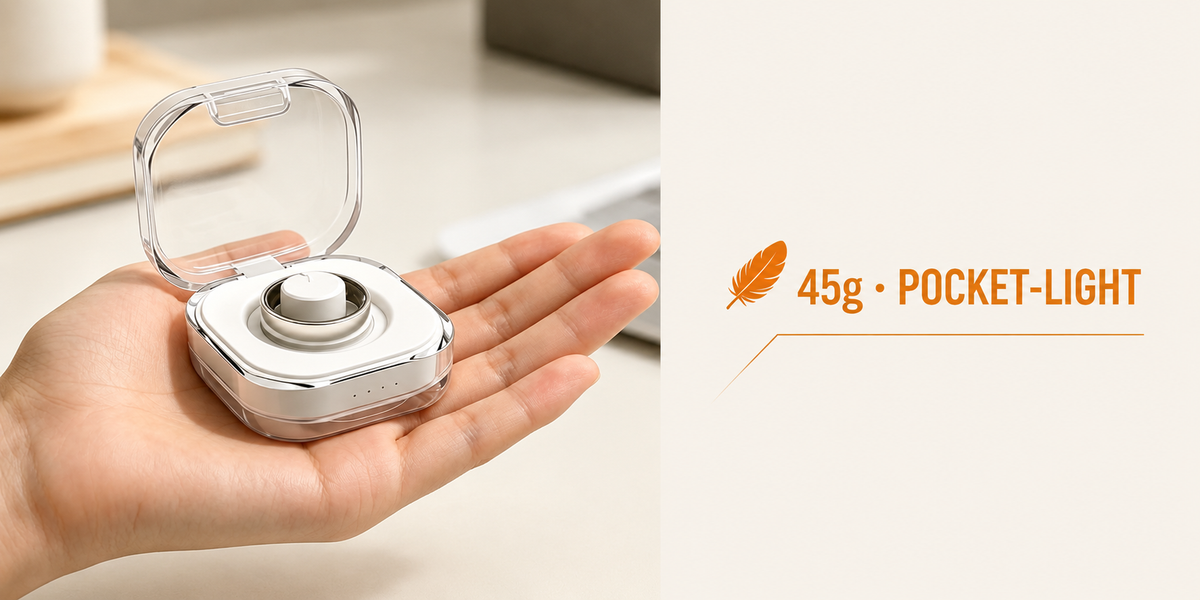 Hand holding 45g ultra-light Osawalla smart ring charging case, portable pocket-sized design