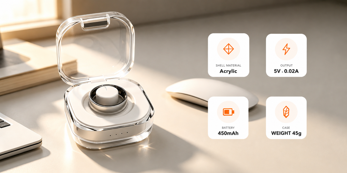 Osawalla smart ring charging case specs: acrylic shell, 450mAh battery, 5V 0.02A output, 45g lightweight design