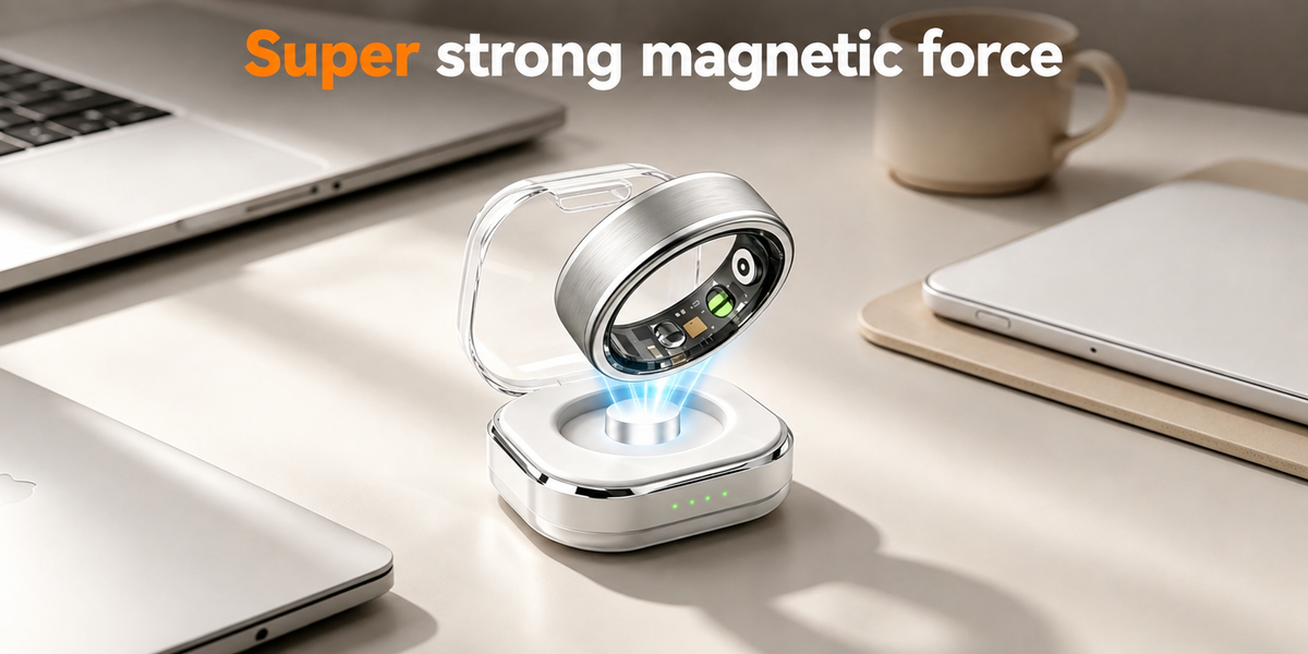 Osawalla silver smart ring and charging case, super strong magnetic charging design, office desk scene