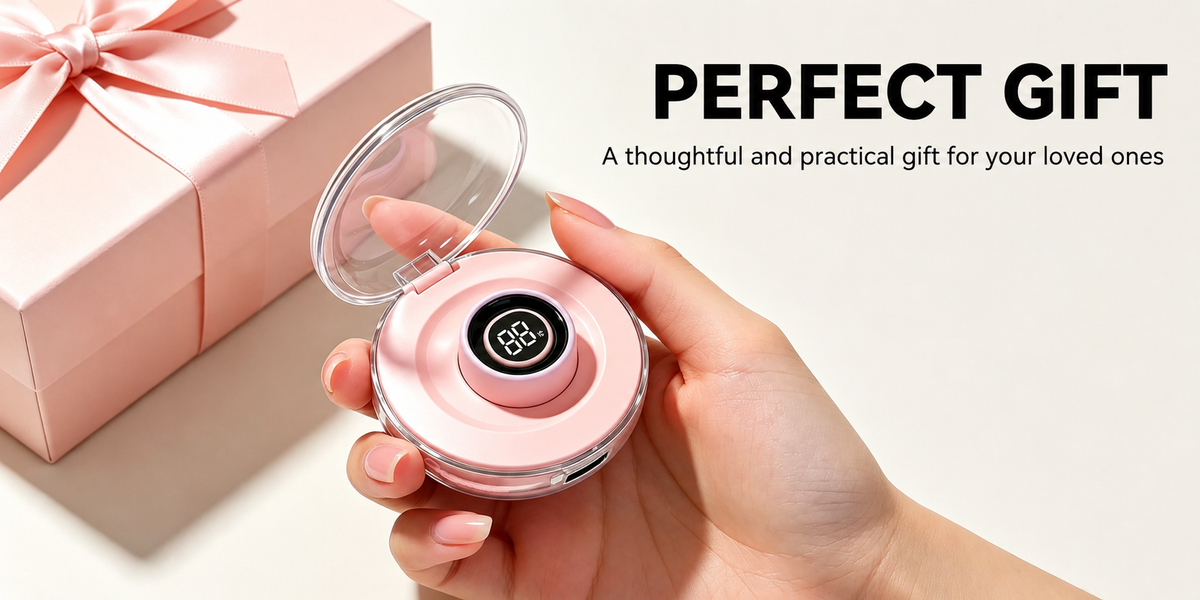 Hand holding Osawalla smart ring pink charging case, perfect practical gift for loved ones with pink gift box