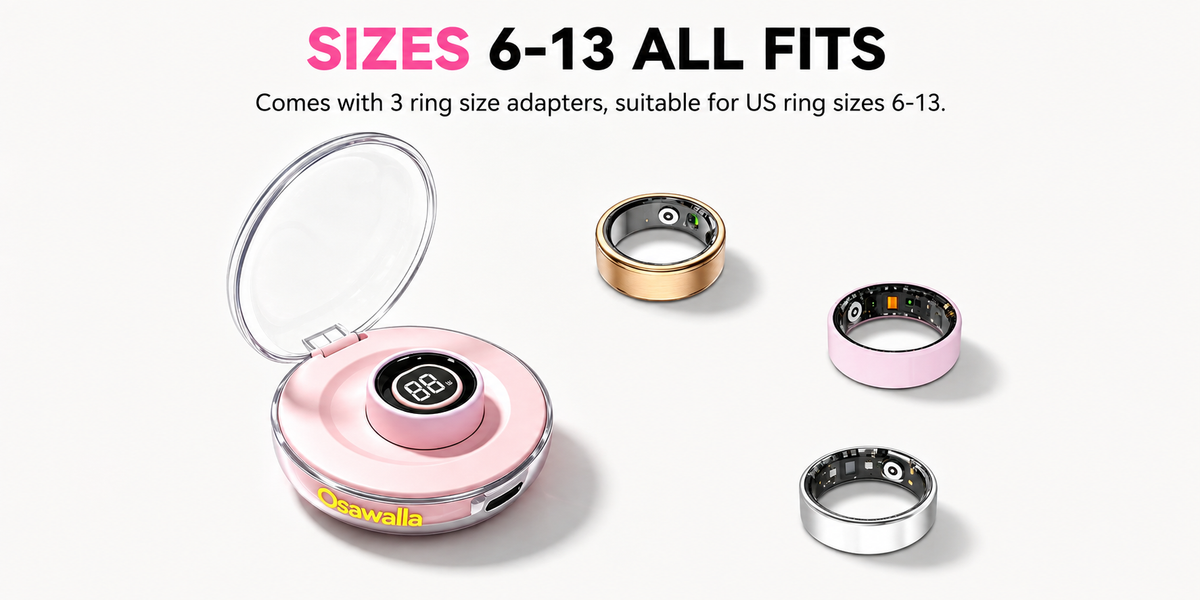 Osawalla smart ring 3 color options, US sizes 6-13, includes 3 size adapters and pink portable charging case