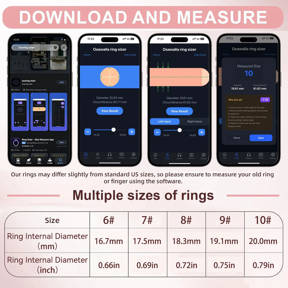 Osawalla Ceramic Pro Smart Ring size guide, mobile ring sizer app and US size measurement chart