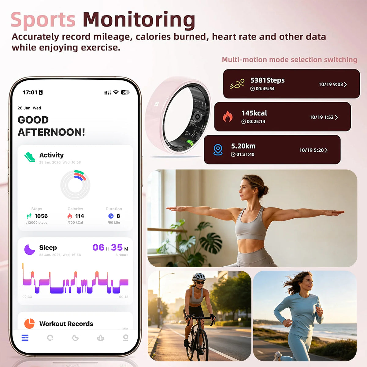 Osawalla Ceramic Pro Smart Ring sports monitoring, record mileage, calories burned, heart rate and workout data on mobile app