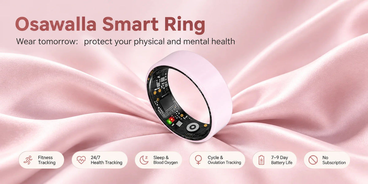 Osawalla pink ceramic smart ring internal sensor display on pink silk, fitness sleep cycle tracking, 7-9 day battery, no subscription