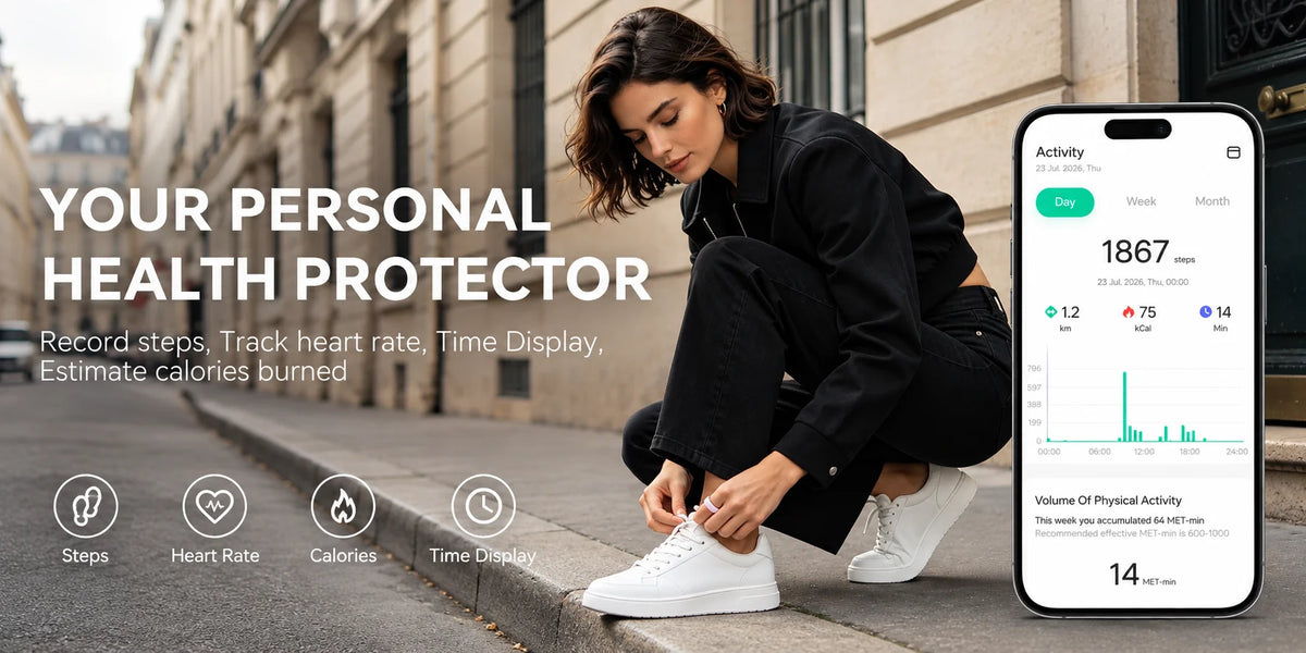 Woman wearing Osawalla smart ring tying shoes, health tracker app showing steps, heart rate and calorie data on smartphone