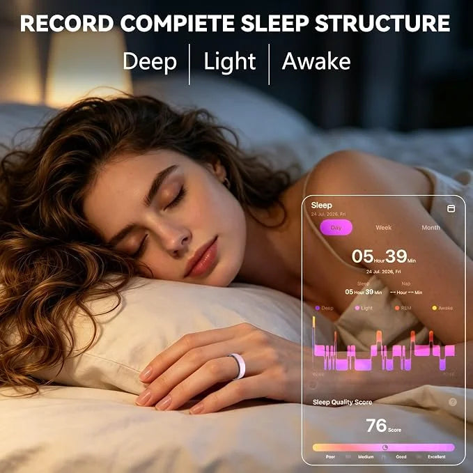 Woman sleeping wearing Osawalla smart ring, sleep tracking app showing deep, light and awake sleep stages and sleep quality score