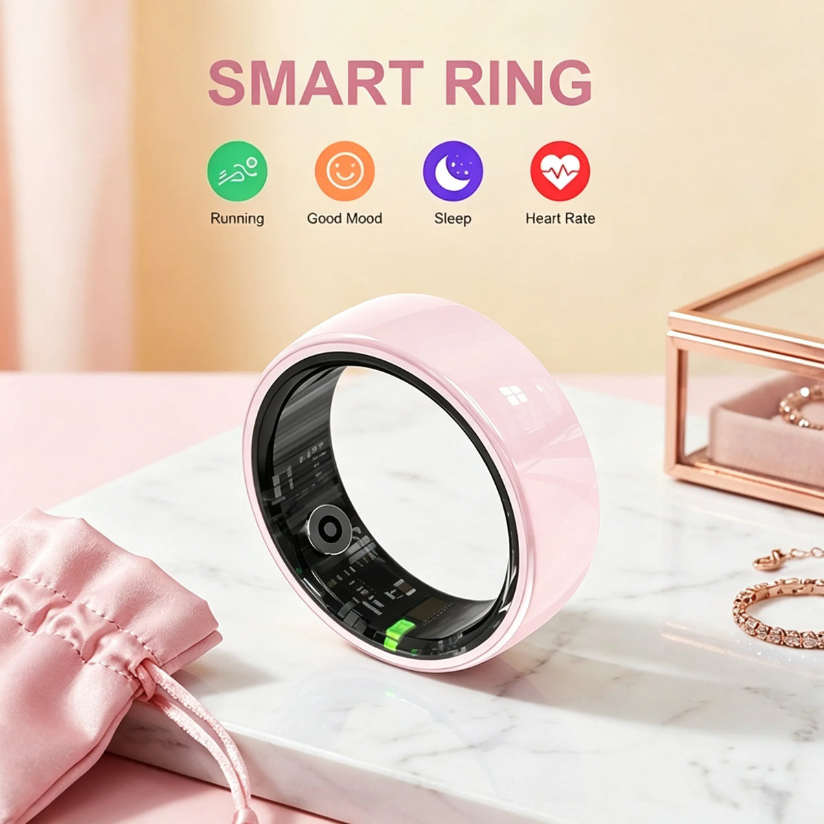 Osawalla pink ceramic smart ring, health tracker for running, mood, sleep and heart rate monitoring, elegant lifestyle shot