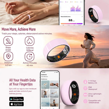 Osawalla smart ring tracks steps, calories, distance and sleep, IP68 waterproof, 7-10 day battery, sync health data with iOS & Android app