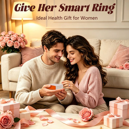 Osawalla smart ring gift for women, romantic couple gift-giving scene at home, rose decor, wellness smart ring as health present for her`
