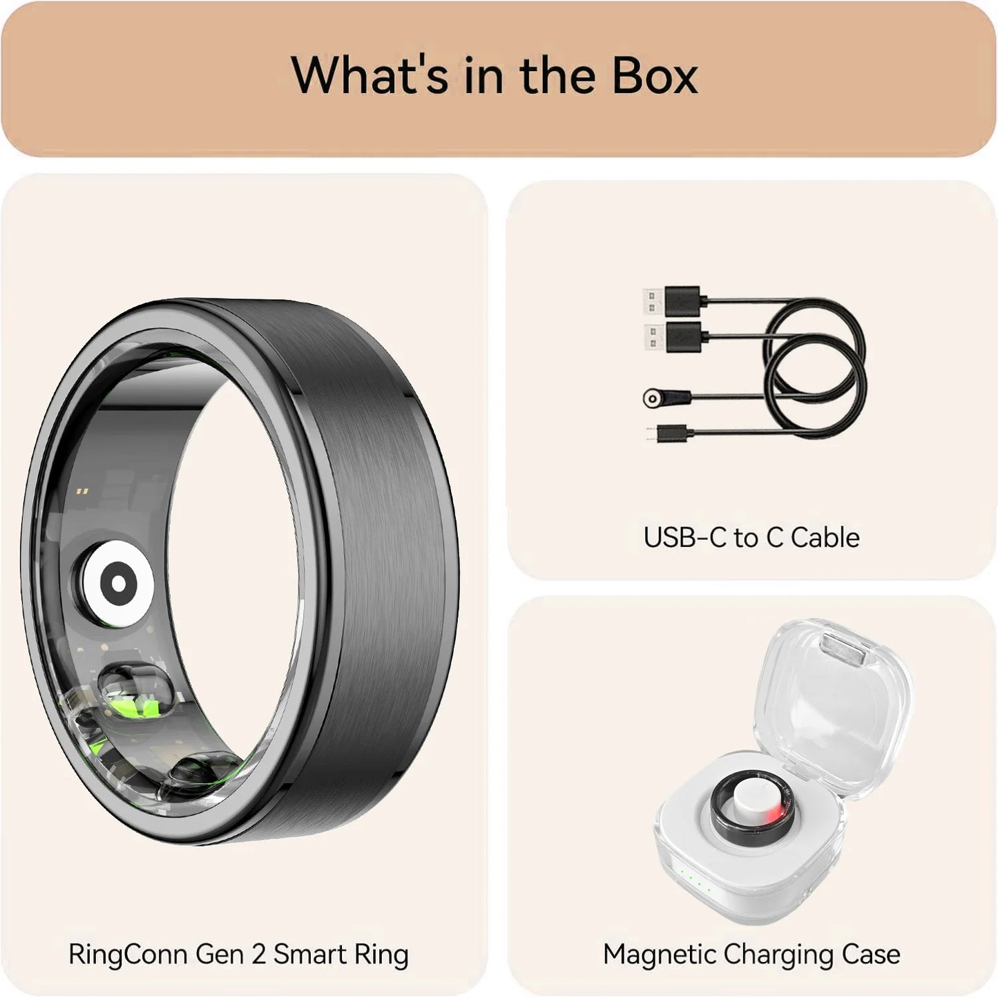 Osawalla RP01 smart ring box contents with ring, USB-C cable, and magnetic charging case