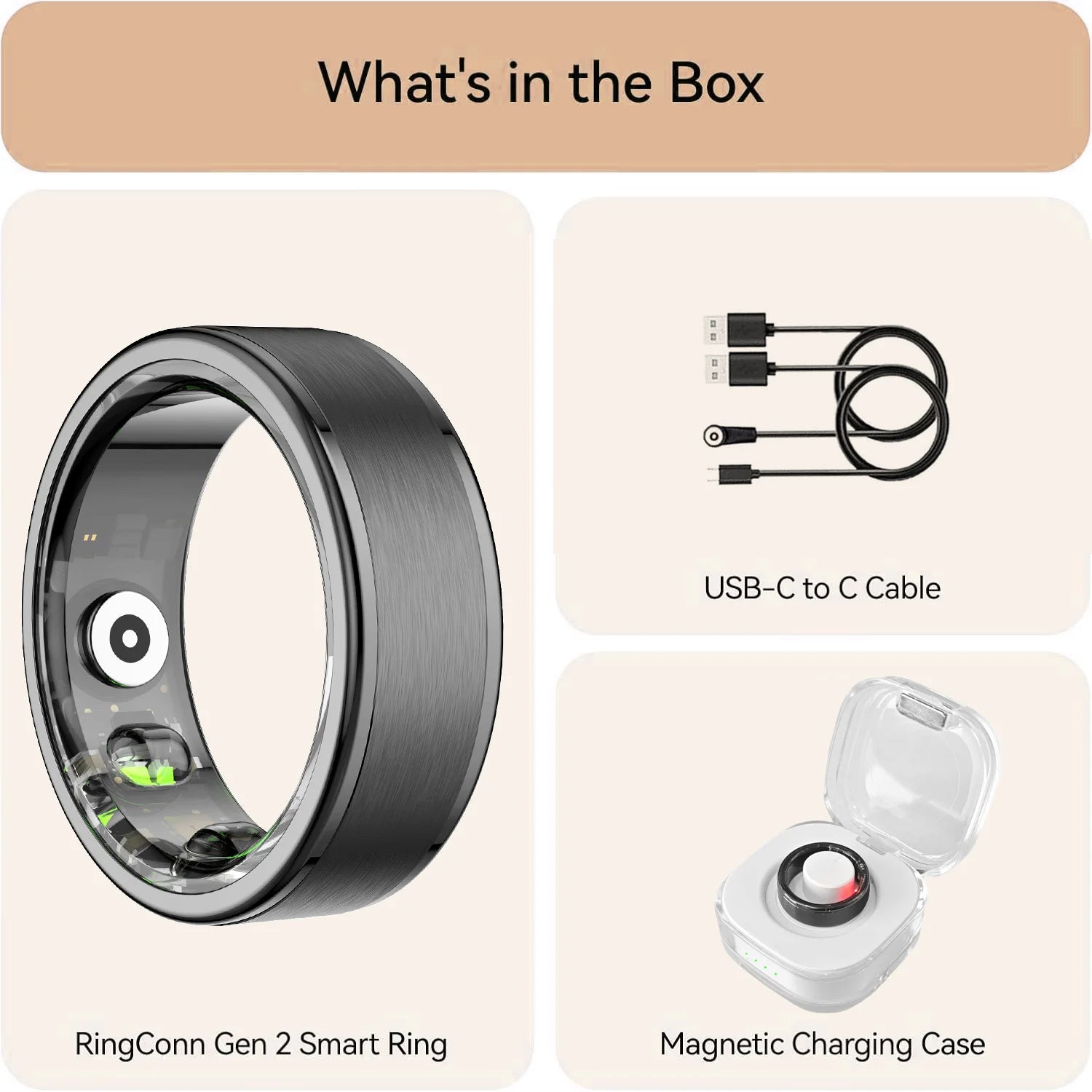 Osawalla RP01 smart ring box contents with ring, USB-C cable, and magnetic charging case