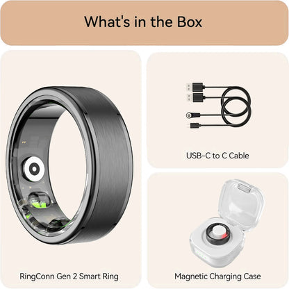 Osawalla RP01 smart ring box contents with ring, USB-C cable, and magnetic charging case