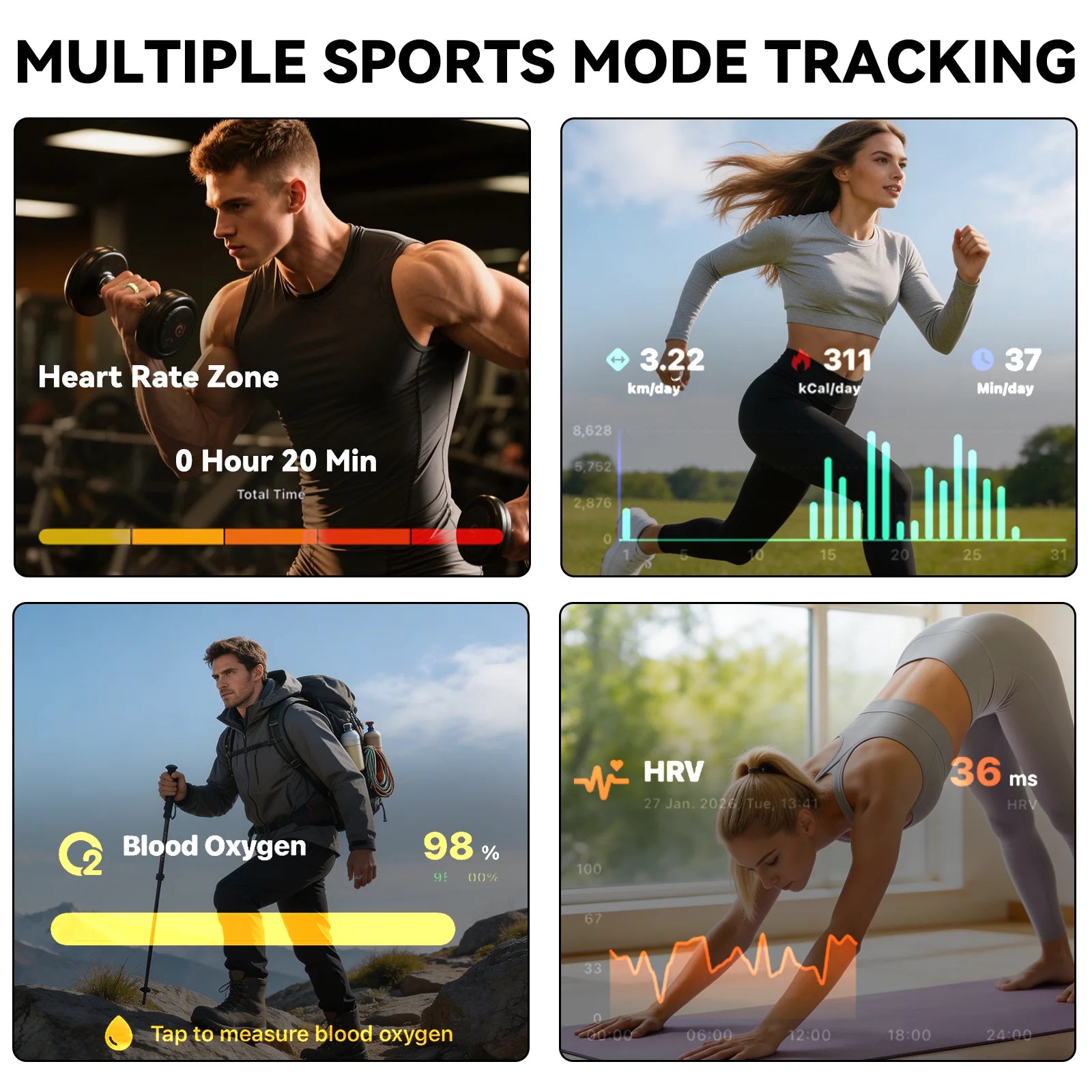 Osawalla RP02 smart ring multiple sports mode tracking including heart rate, running, blood oxygen, and HRV