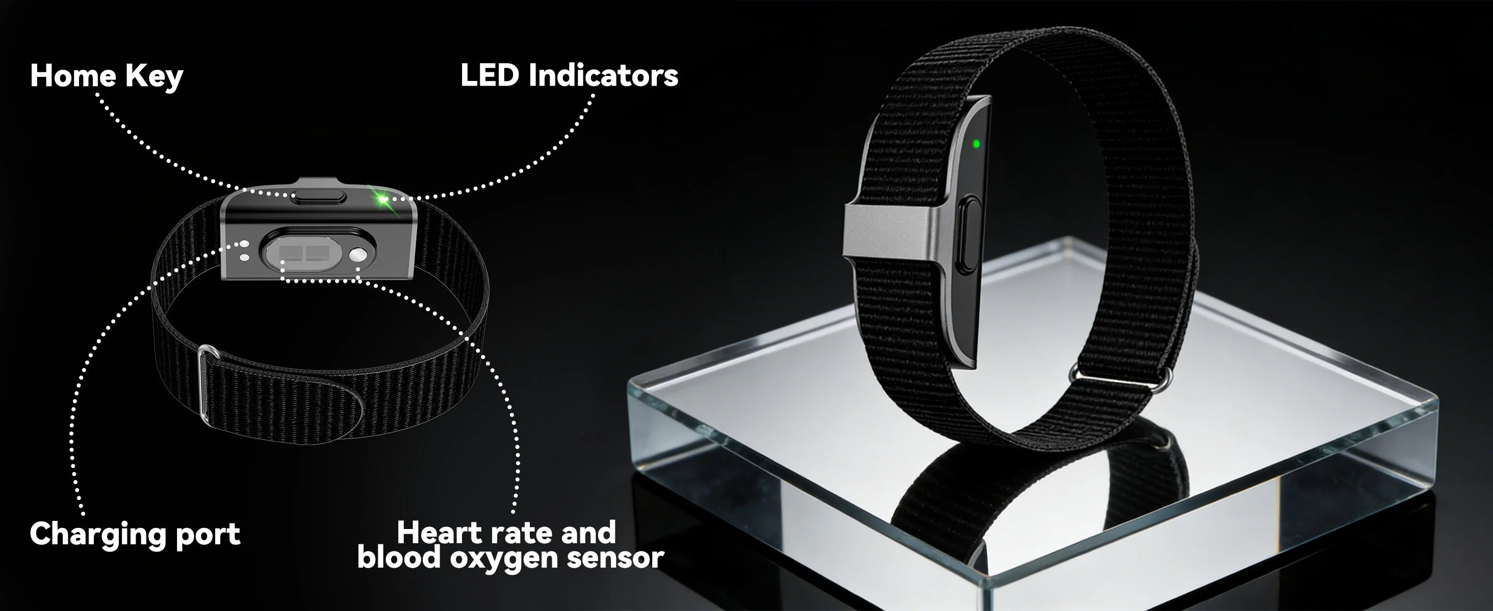 Osawalla smart band banner showing home key, LED, charging port and SpO2 sensor