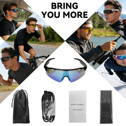 Osawalla smart glasses with carrying case, charging cable, manual, and cleaning cloth